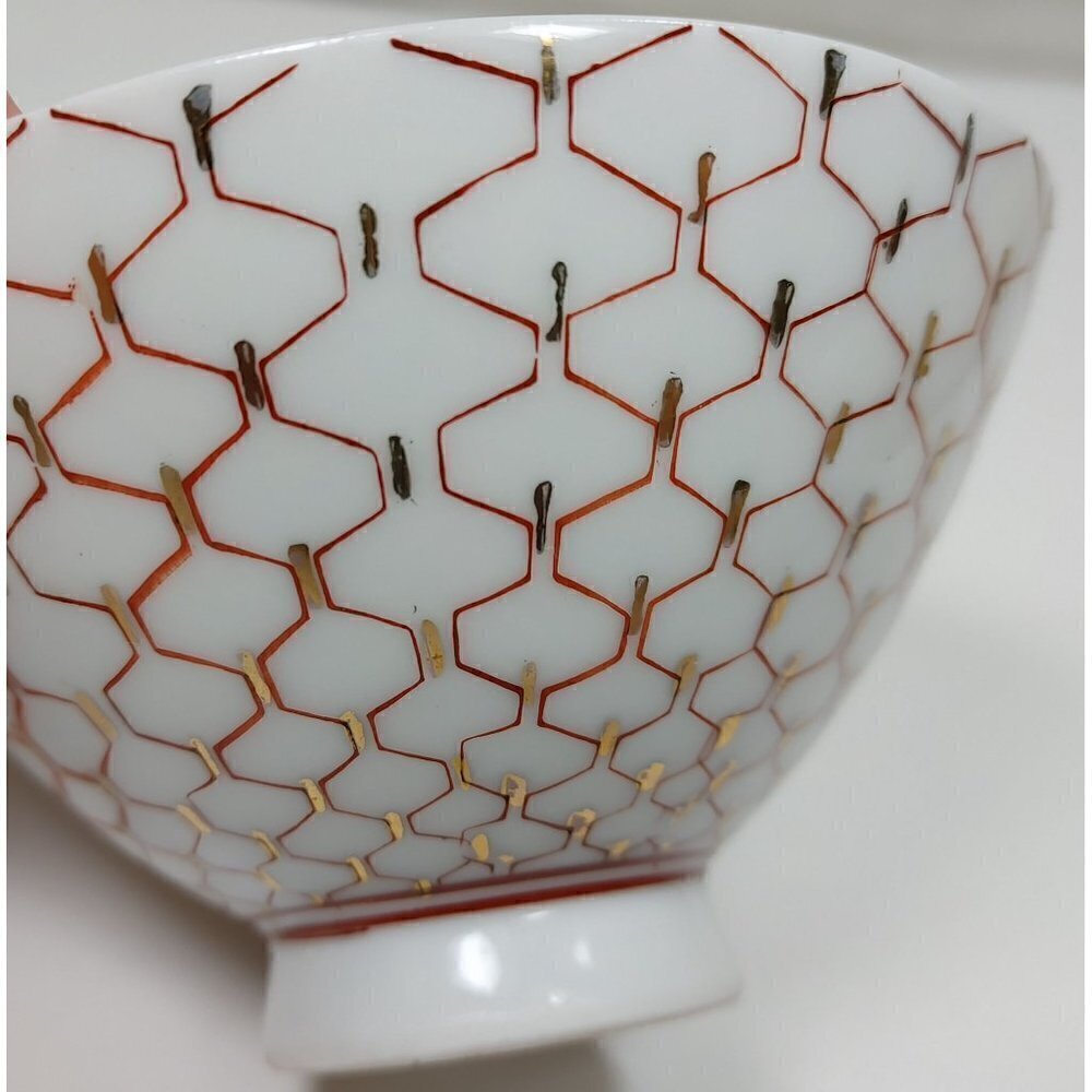 Japanese Porcelain Red White Geometric Pattern Footed Rice Bowl Set Of 3 - Picture 9 of 13